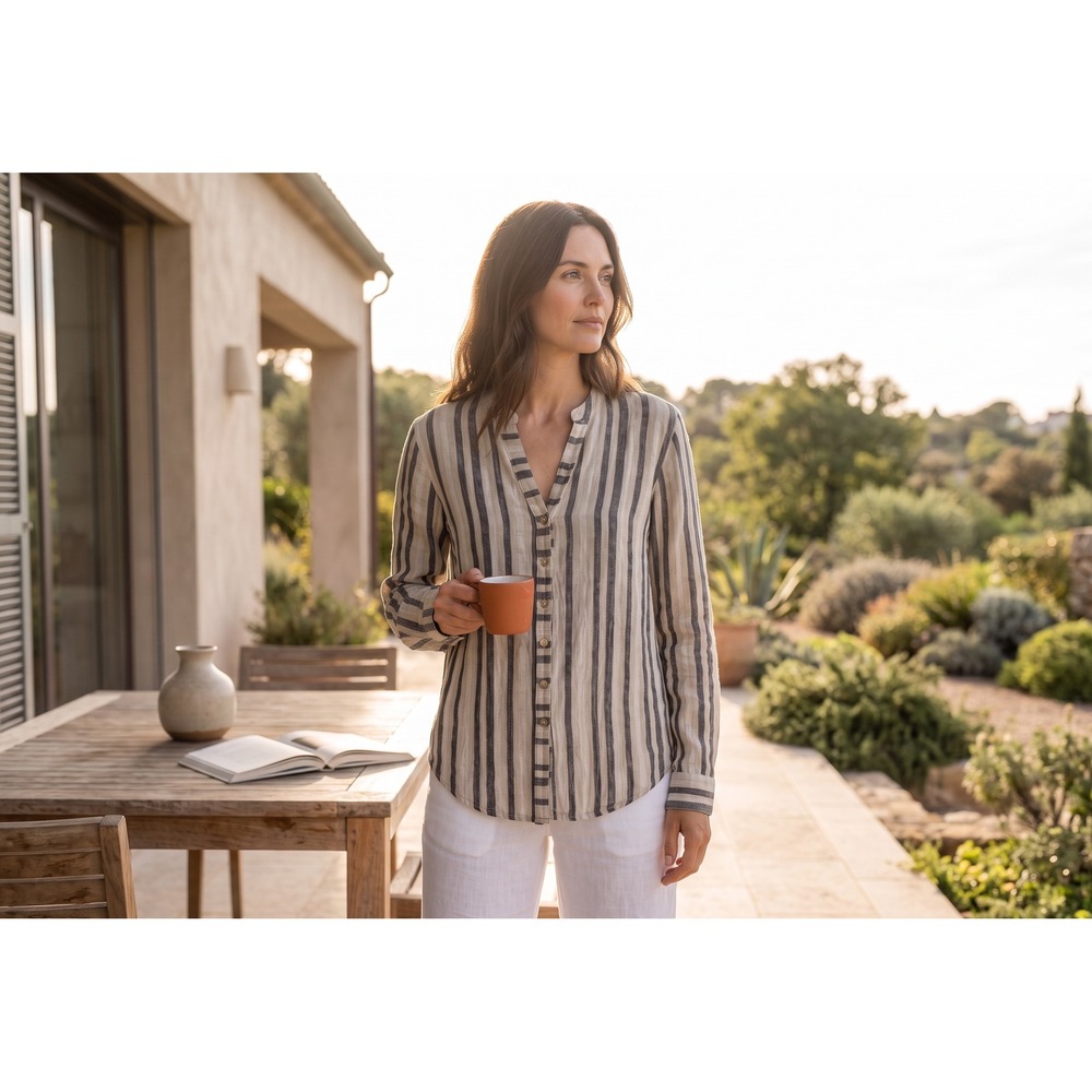 Milano Womens Linen Blend Striped Button Down Shirt Neutral Long Sleeve Size M